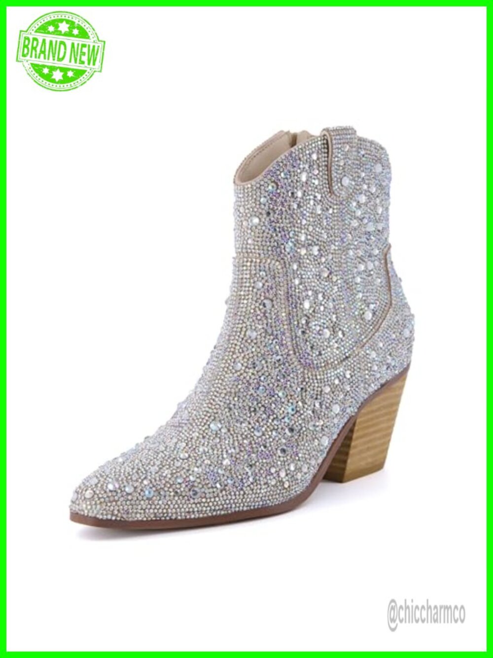 Rhinestone Western Ankle Boots Memory Foam Block Heel